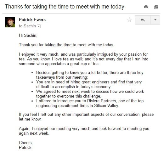 Write a follow up email to a meeting